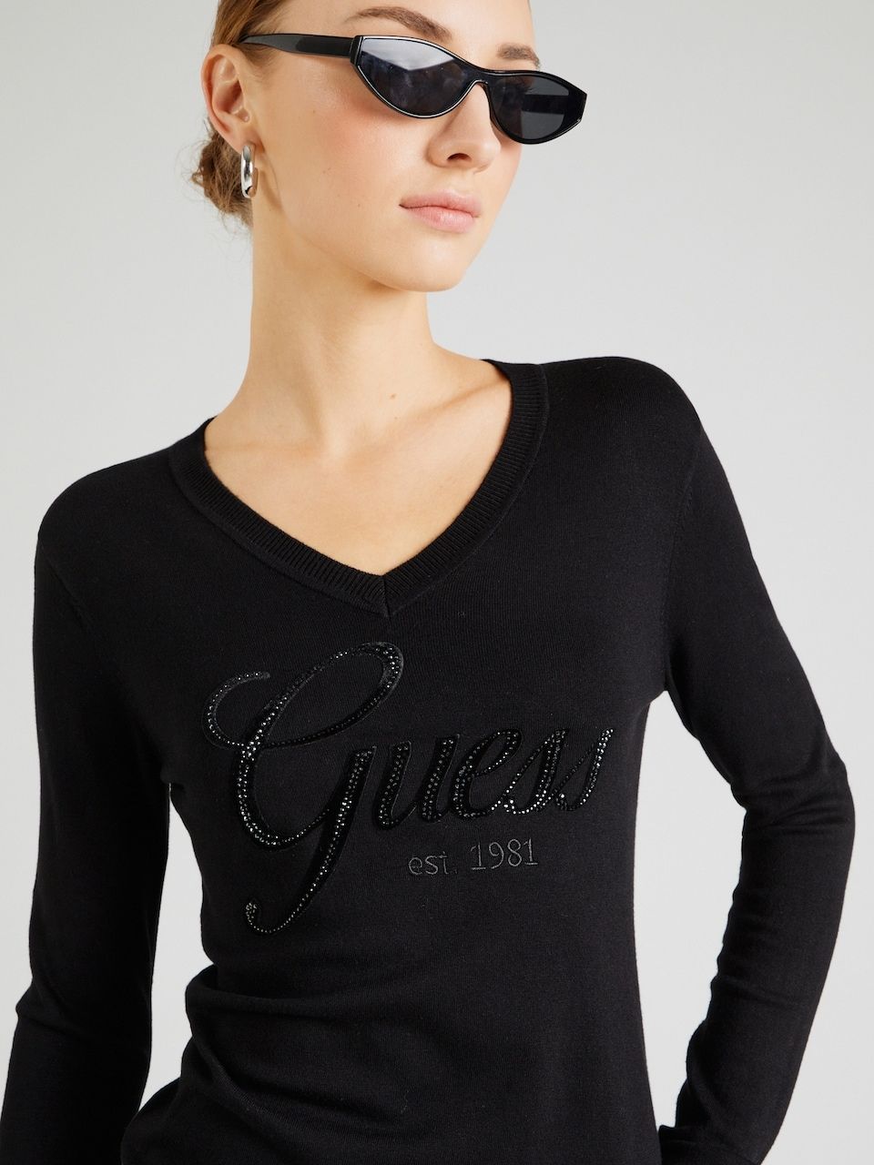 Guess Pullover Donna Scolllo a V Megan Logo Jet Black