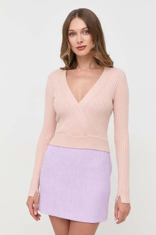 Guess Maglione a Costine Donna Scollo a V Rosa