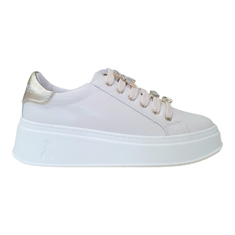 Patrizia Pepe Sneakers in Pelle Fondo a Cassetta con Strass  Gioiello Off White