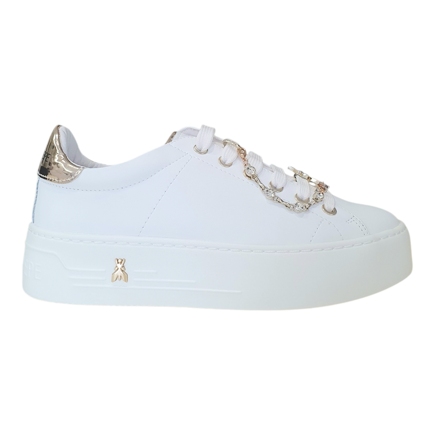 Patrizia Pepe Sneakers Platform con Strass Gioiello in Pelle Bianca