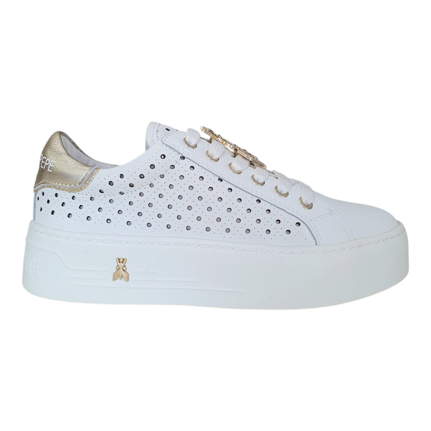 Patrizia Pepe Sneakers Platform con Strass Gioiello in Pelle Traforata Bianca