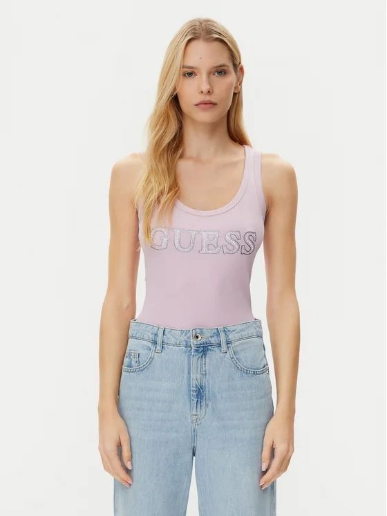 Guess Canotta stretch con logo Lilla