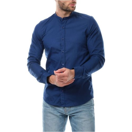 Hopenlife Camicia Slim Uomo con colletto alla coreana Blu