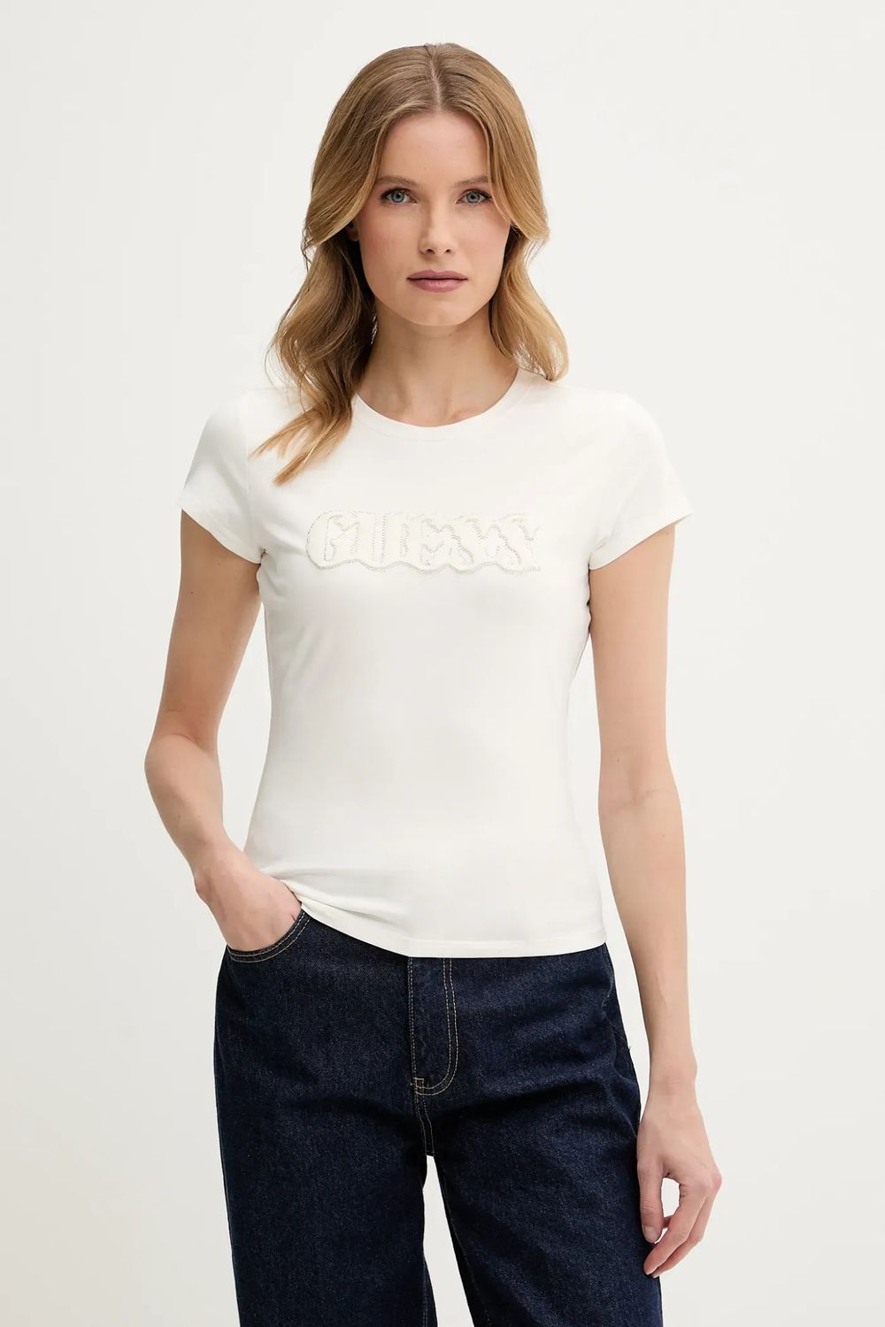 Guess T-shirt logo con Strass Panna