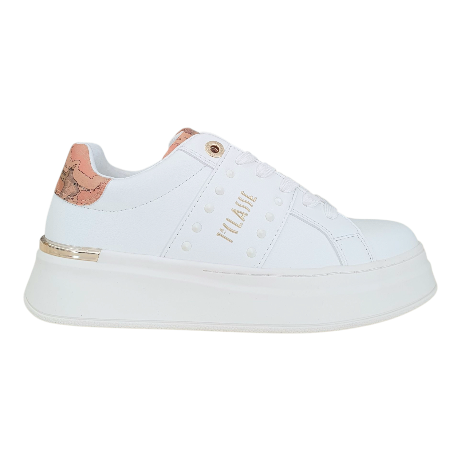 Alviero Martini 1A Classe Sneakers Donna Fondo a Cassetta con Borchie Bianca/Geo Beige