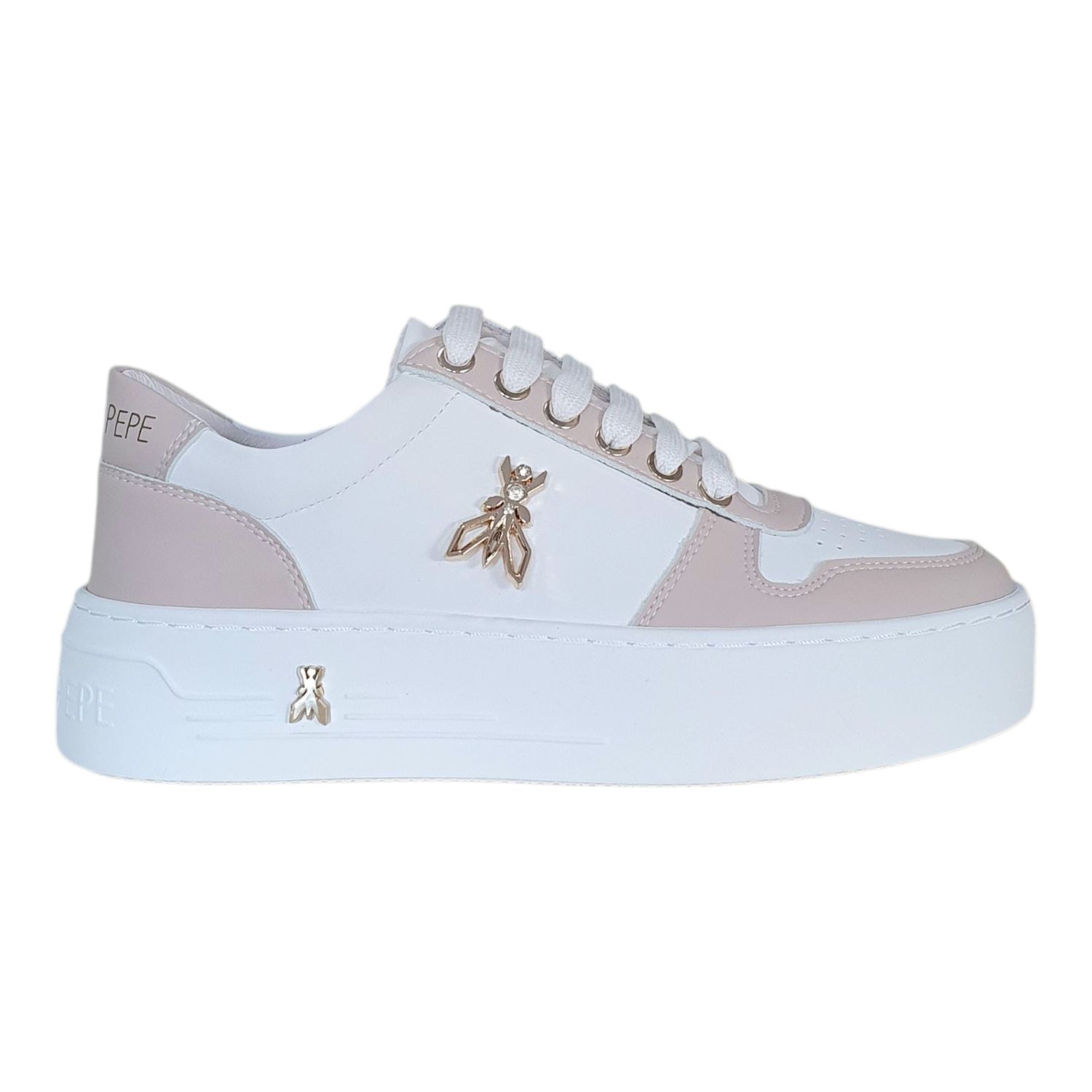 Patrizia Pepe Sneakers Platform con Strass Gioiello in Pelle  Bianca/Beige