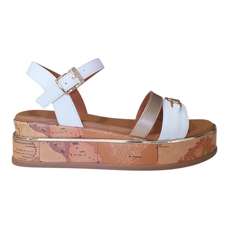 Alviero Martini 1A Classe Sandalo Zeppa Bianca/Platino/Geo Beige Alviero Martini 1A Classe Sandalo Zeppa Bianca/Platino/Geo Beige