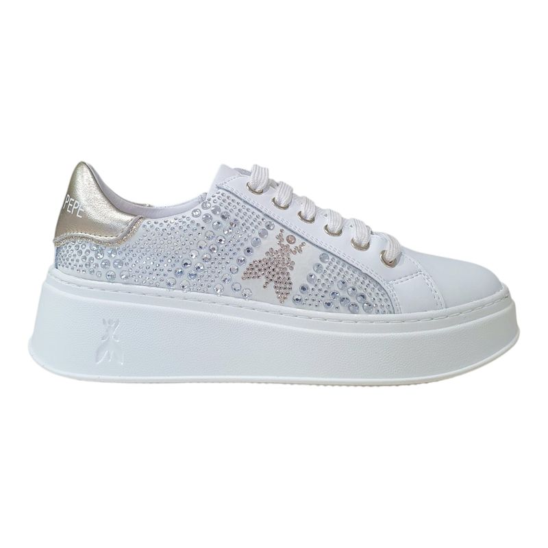 Patrizia Pepe Sneakers in Pelle Fondo a Cassetta Con Strass Bianca