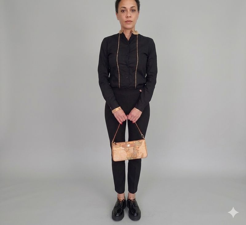 Alviero Martini 1A Classe Camicia con collo alla Coreana in Popeline di Cotone Stretch Nero