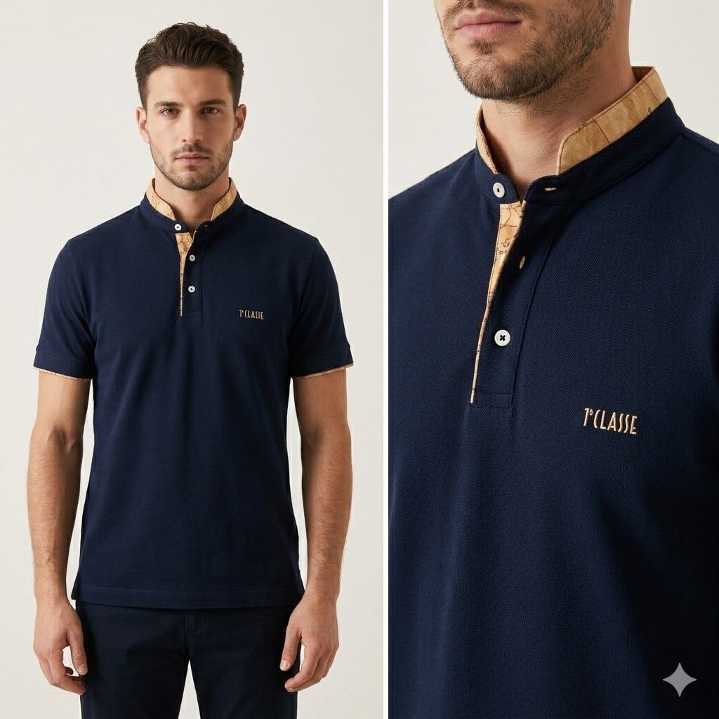 Alviero Martini 1A Classe Polo alla Coreana Serafino con dettagli Geo Navy Blu