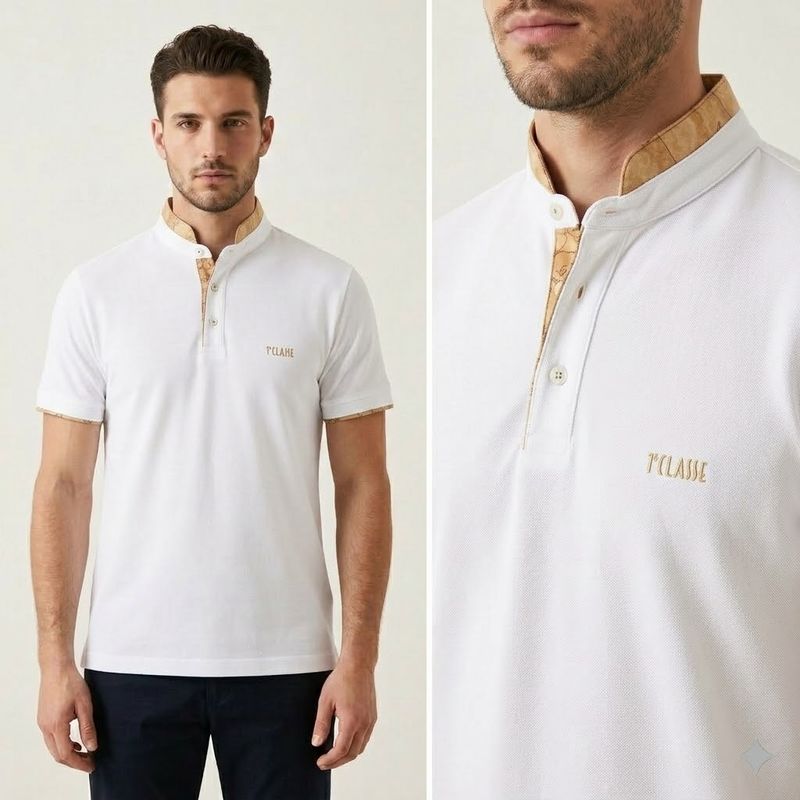 Alviero Martini 1A Classe Polo alla Coreana Serafino con dettagli Geo Bianca