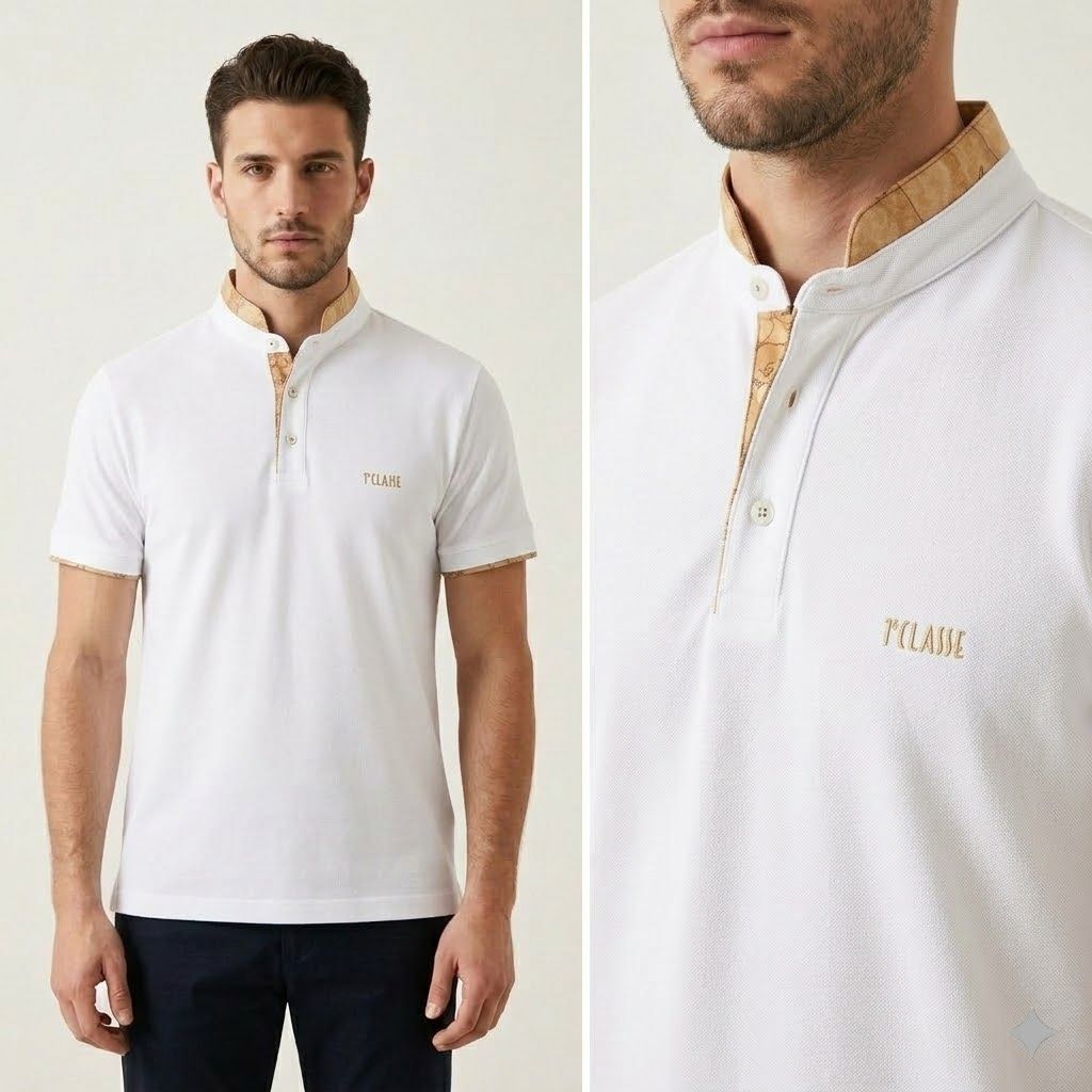 Alviero Martini 1A Classe Polo alla Coreana Serafino con dettagli Geo Bianca