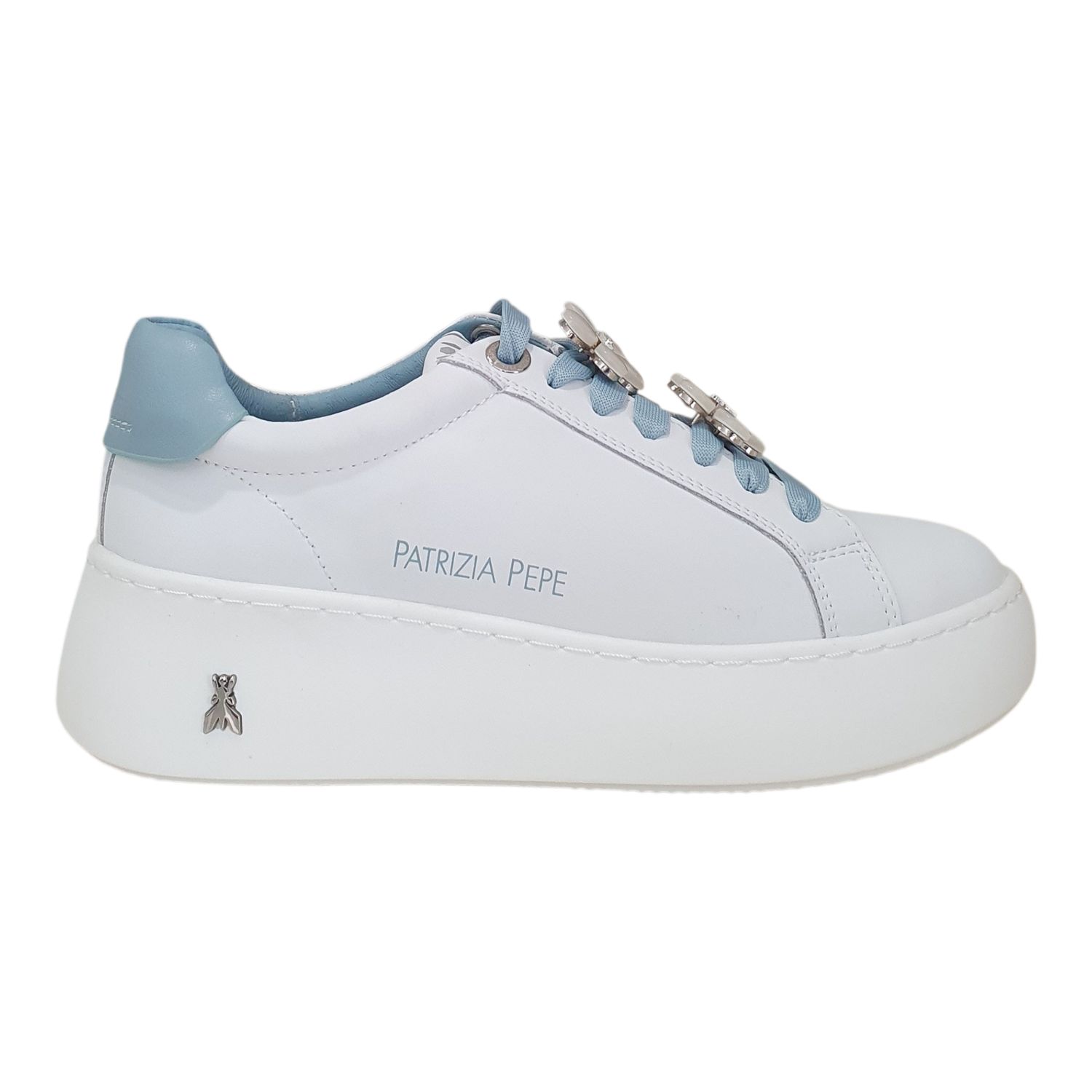 Patrizia Pepe Sneakers in Pelle con Gioello Fondo a Cassetta Bianca Celeste