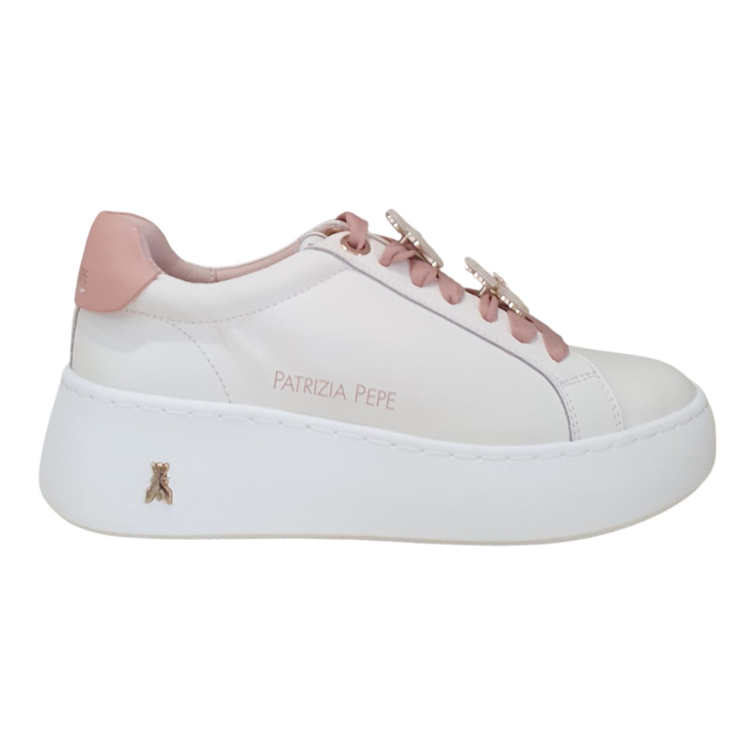 Patrizia Pepe Sneakers in Pelle con Gioello Fondo a Cassetta Panna/Rosa