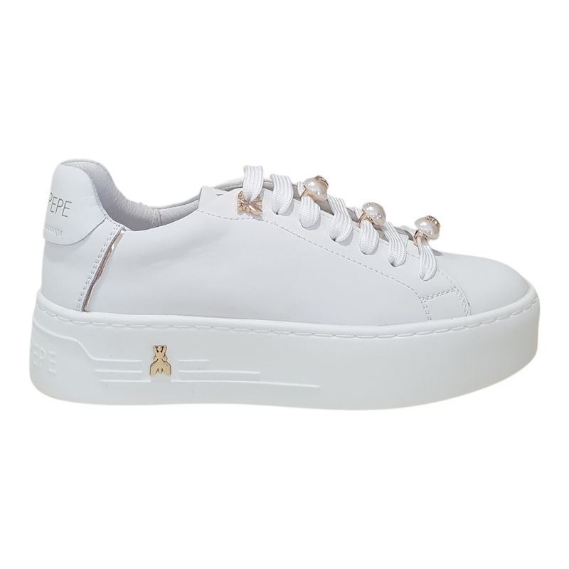 Patrizia Pepe Sneakers Platform con Strass Gioiello in Pelle Bianca