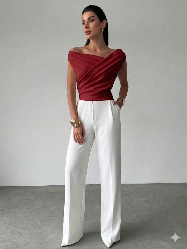 Suhkasana Top corto asimmetrico drappeggiato minimalista Bordeaux 