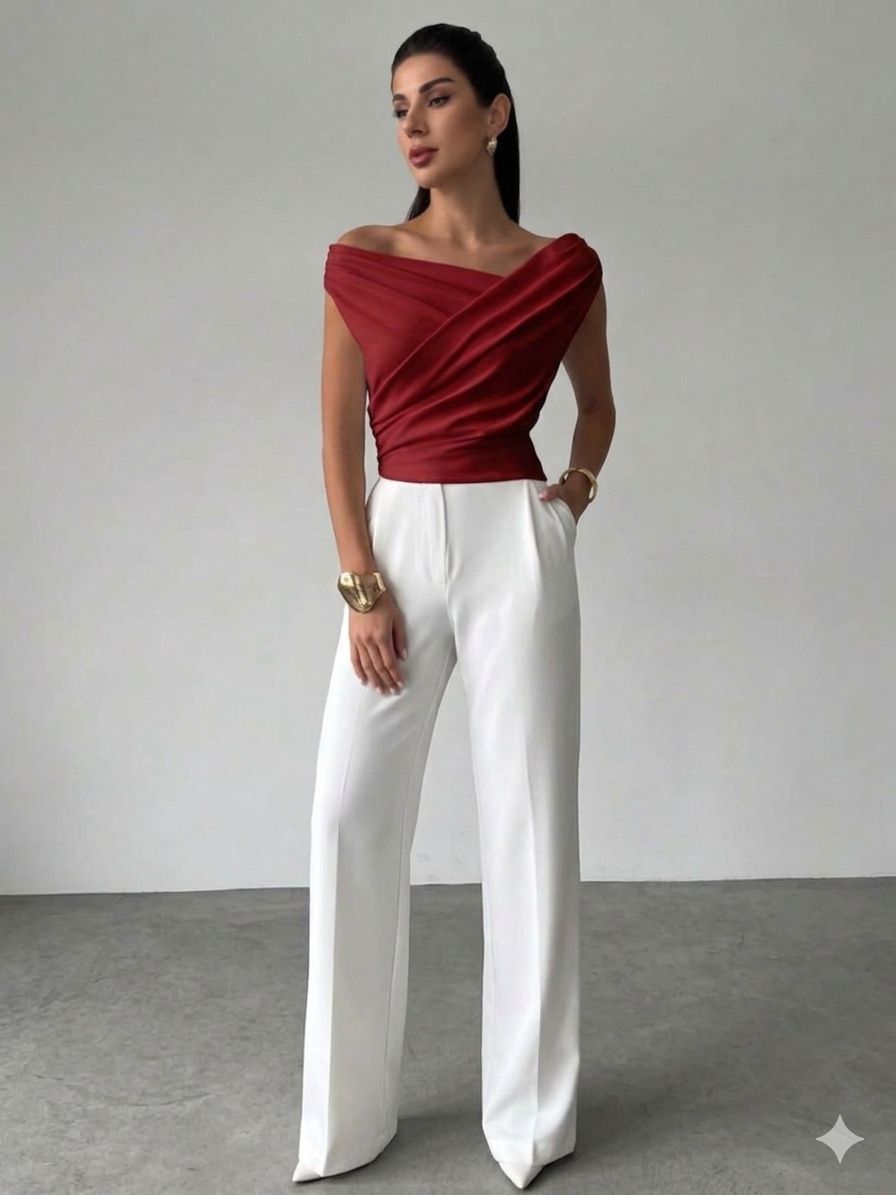 Suhkasana Top corto asimmetrico drappeggiato minimalista Bordeaux 