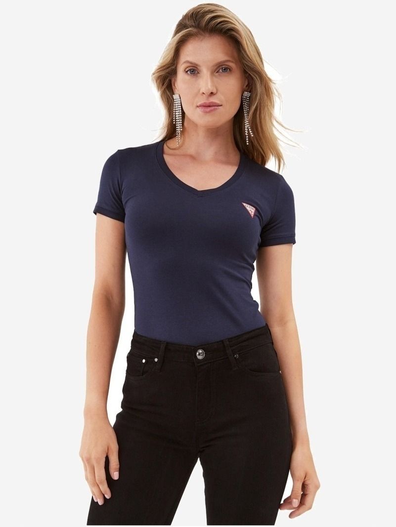 Guess T-shirt stretch a V con logo a triangolo Blu Scuro