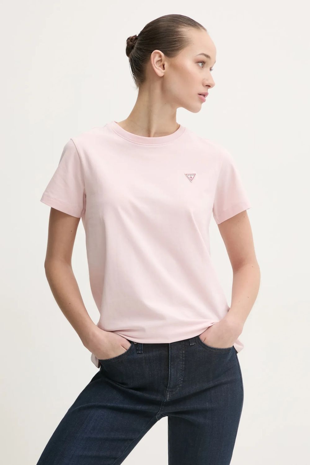 Guess T-shirt regular fit con logo a triangolo Rosa Chiaro