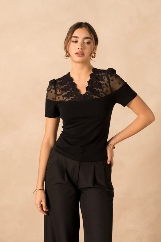 Lulumary Top in cotone con scollo V in pizzo Nera