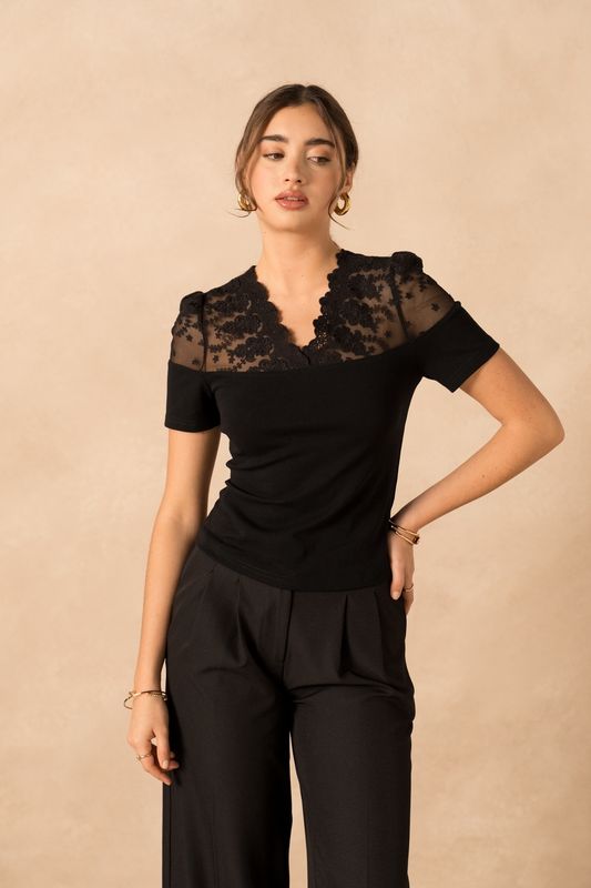 Lulumary Top in cotone con scollo V in pizzo Nera