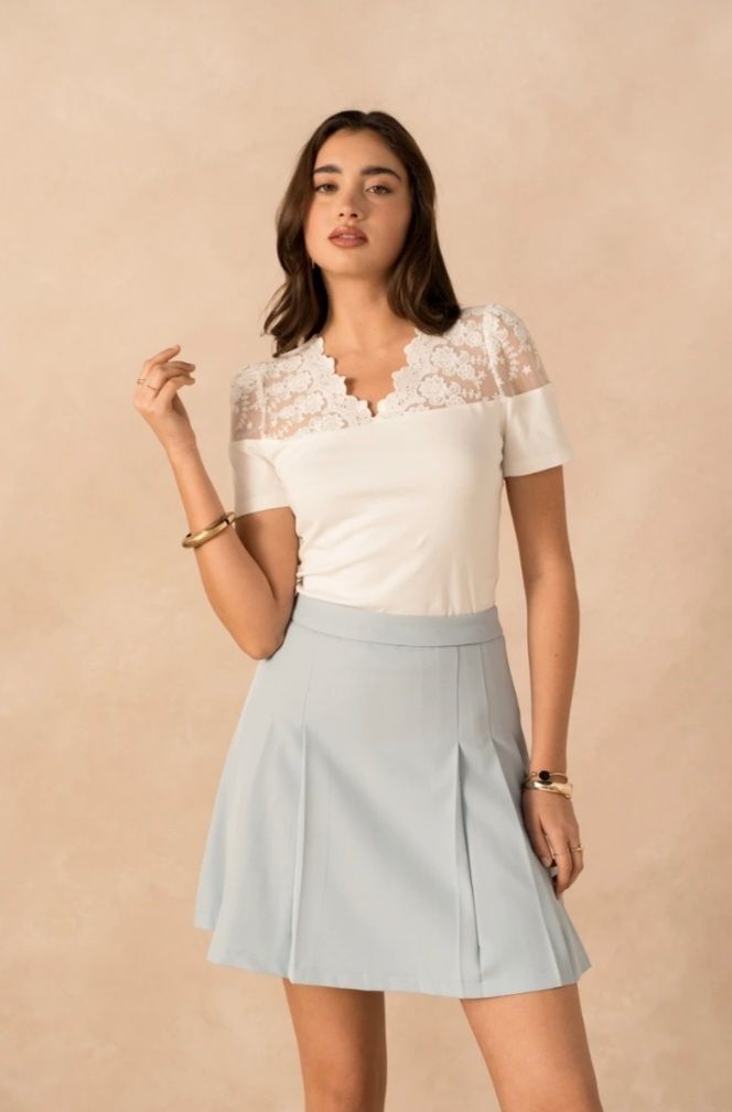 Lulumary Top in cotone con scollo V in pizzo Bianca