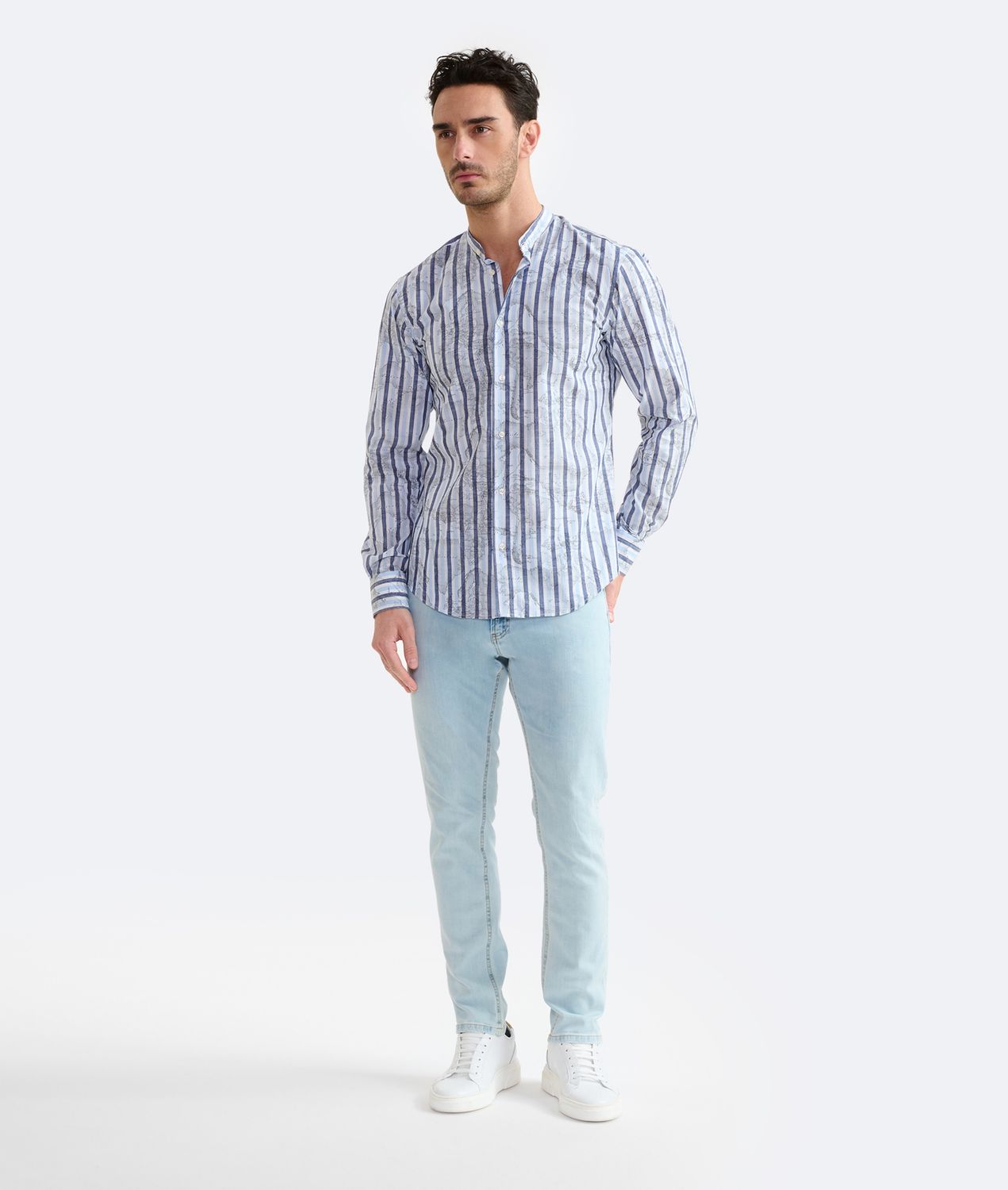Alviero Martini 1A Classe Camicia coreana in cotone Geo Righe Blu Cobalto