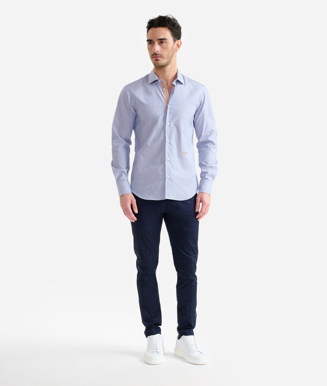 Alviero Martini 1A Classe Camicia slim in cotone a righine con toppe Geo Classic Blu chiaro
