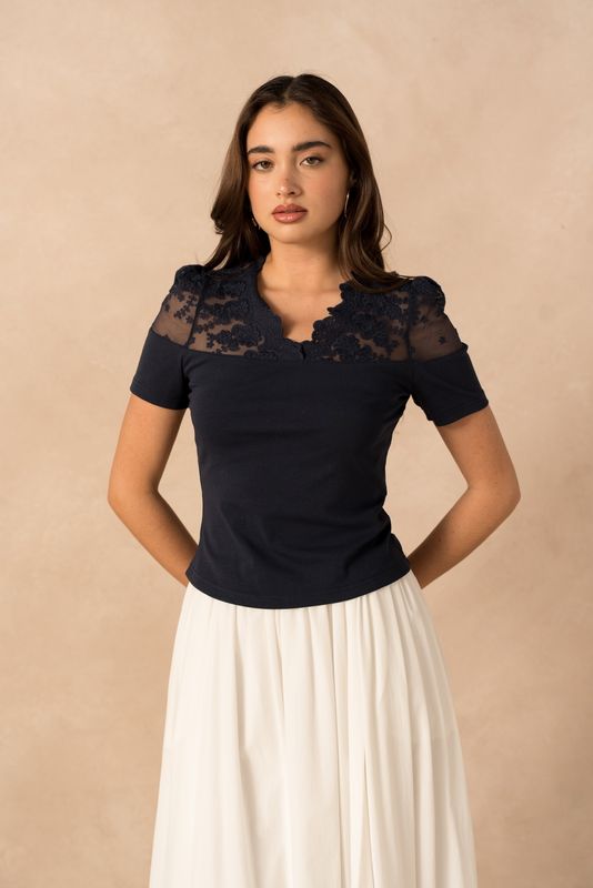 Lulumary Top in cotone con scollo V in pizzo Blu Scuro