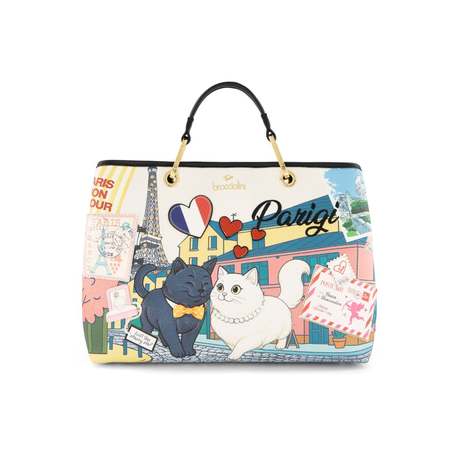 Braccialini Borsa a Mano Grande Cartoline Parigi