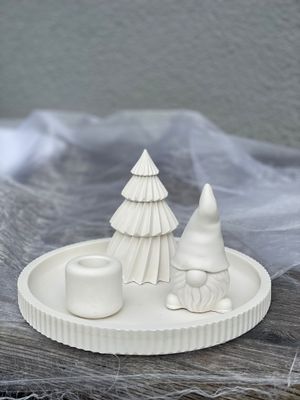Set: Teller mit Baum groß, Wichtel und Stabkerzenhalter