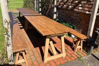 6ft outdoor use Oak 3 plank folding Events Dining Table 1.8m x 75cm folds flat for storage brass fixings Hand Made in UK