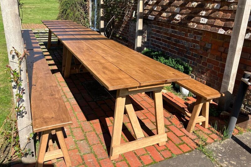 8ft Oak outdoor use 3 plank folding Events Dining Table 2.4m x 75cm folds flat for storage brass fixings Hand Made in UK