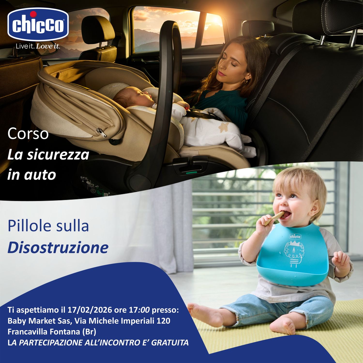 Corso gratuito sulla sicurezza in auto Chicco e pillole sulla disostruzione