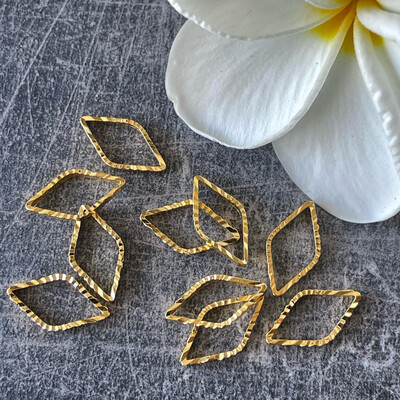 14x7.5mm Gold-Plated Brass Component for Jewelry Making - Single-sided diamond-cut open diamond shape, 1.3mm thick. Sold per package of 10 pieces.