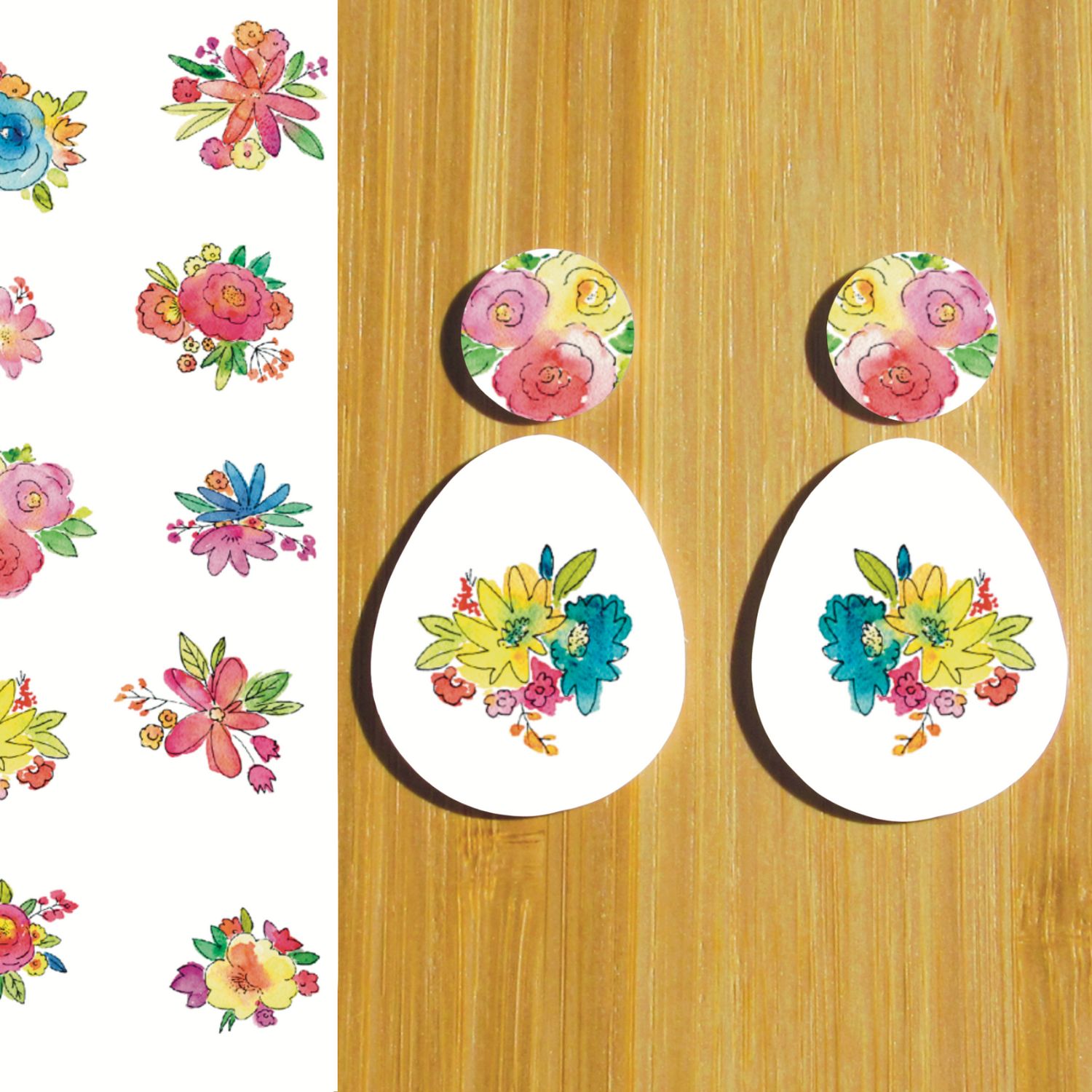 Two 3.5x5&quot; Water Soluble Transfer Sheets for Polymer Clay / Mirrored Designs, Left &amp; Right. Small Watercolor Flowers T078