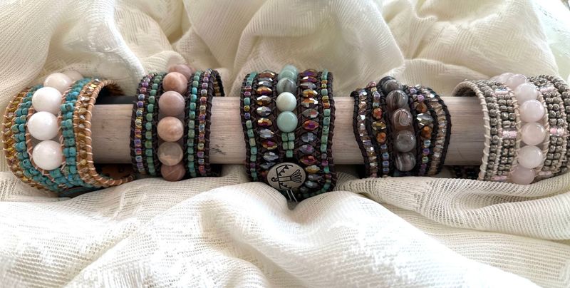 FIVE STRAND LEATHER WRAP BRACELETS (SEMI-PRECIOUS)