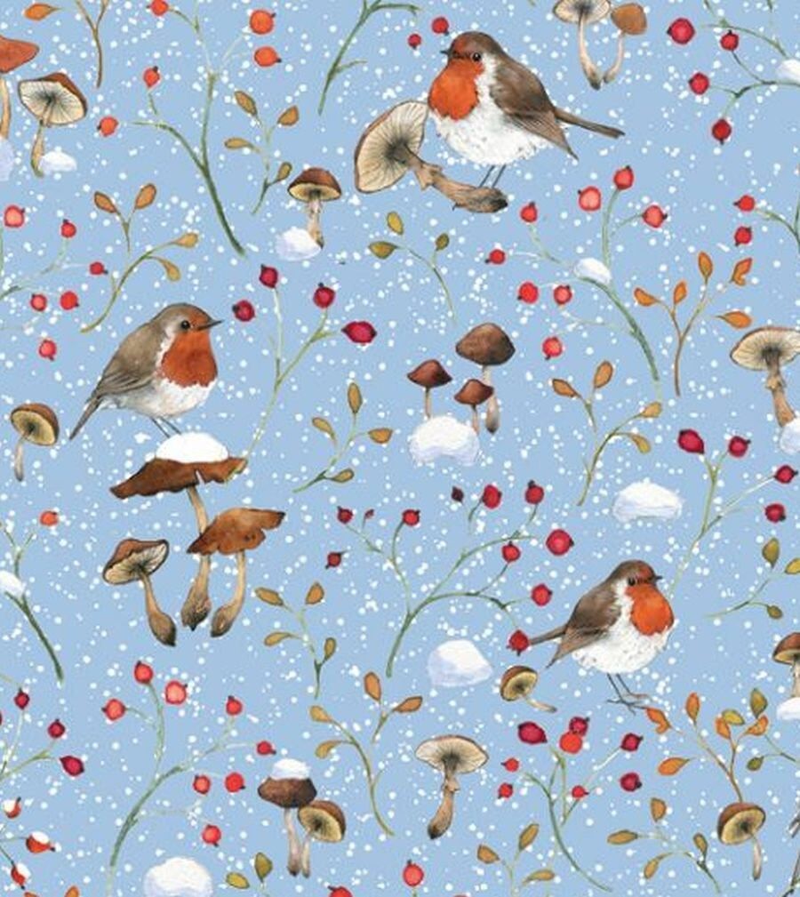 Katoenen Stof Daniela Dresscher : Winter Roodborstje (50x70cm )