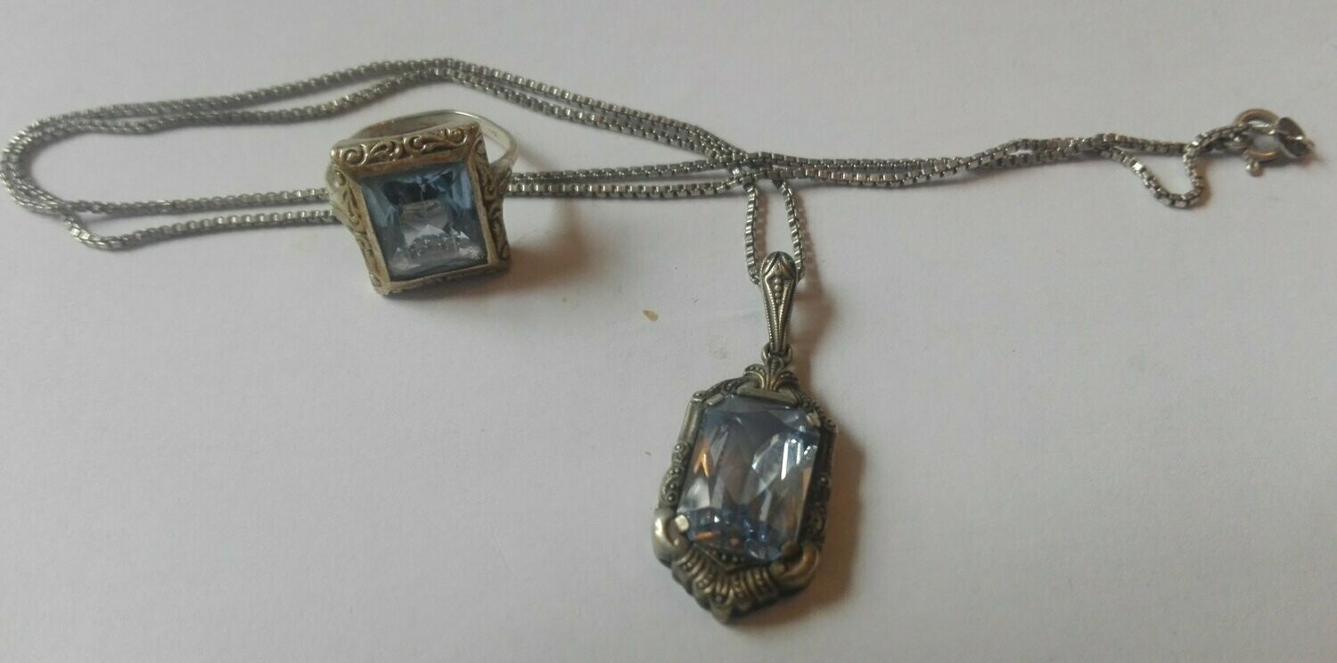 ArtDeko 925 / 835er Silber Schmuckset mit blauen Stein