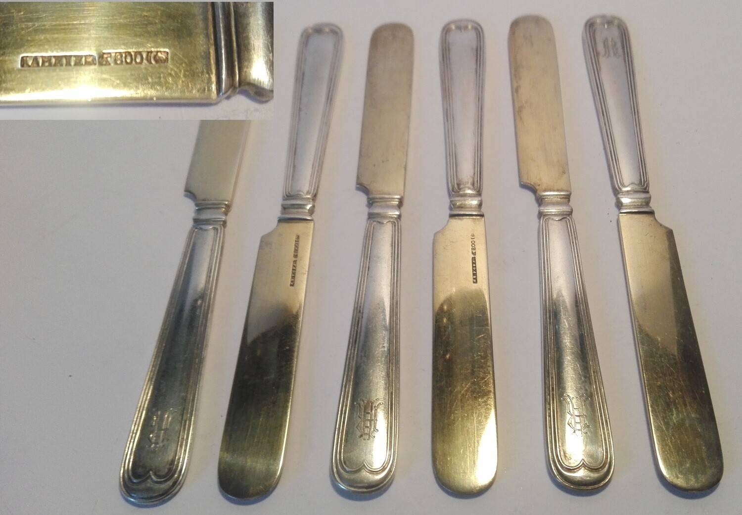 ​6 massive Silbermesser- Butter oder Obst, gepunzt auf Klinge 800er, Halbmond, Krone