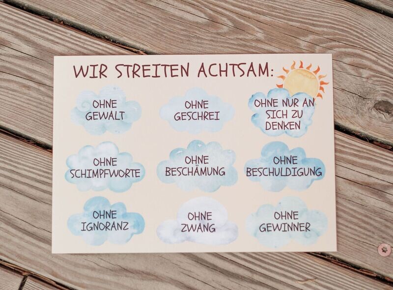 Regeln für Kinder, Postkarte A5: „Achtsam streiten“, Erläuterungen auf Rückseite!