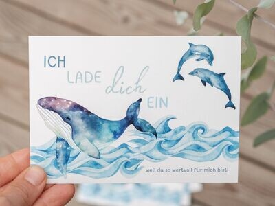 Einladung für Kinder, Postkarte A6: „Wal & Delfine“