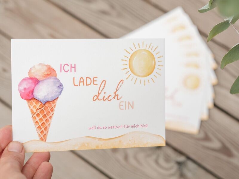 Einladung für Kinder, Postkarte A6: „Eis“ Einladung für Kinder, Postkarte A6: „Eis“