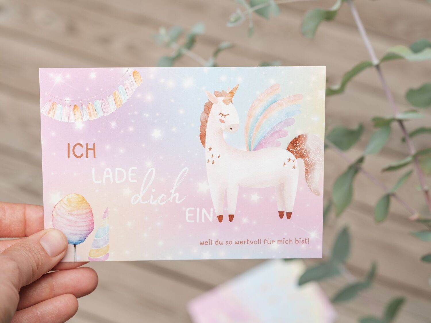 Einladung für Kinder, Postkarte A6: „Einhorn Sterne“