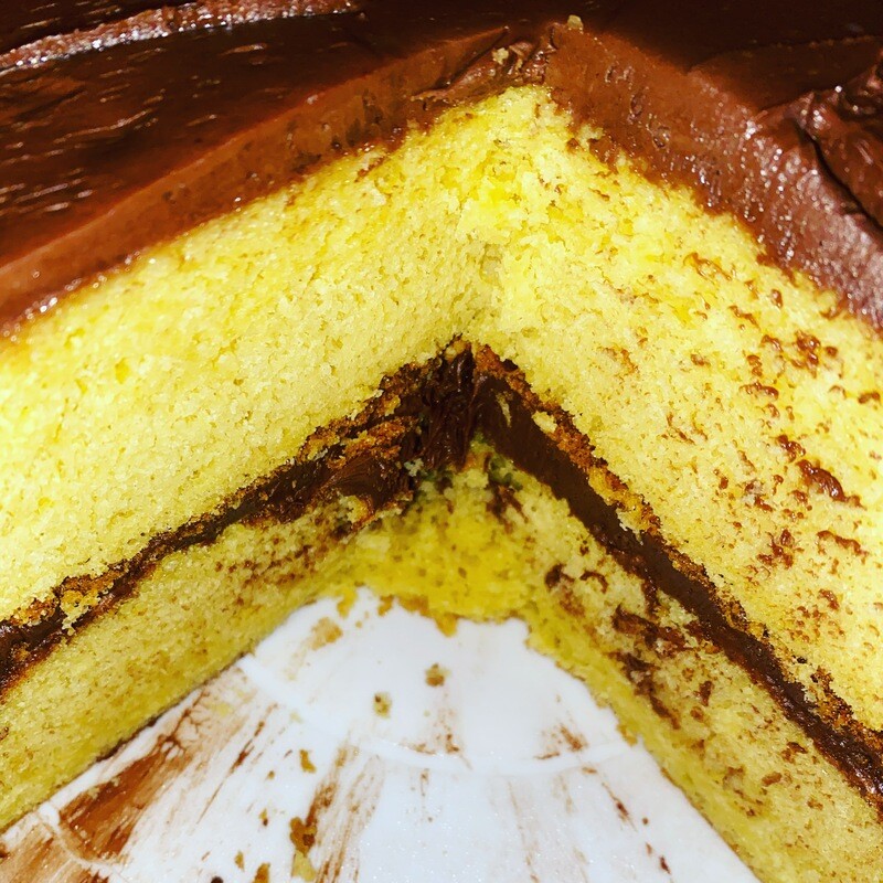 Yellow cake with chocolate icing
