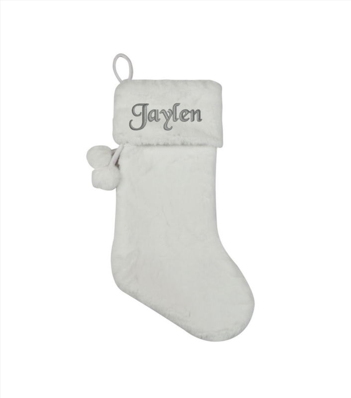 White Fur Custom Embroidered Christmas Stocking