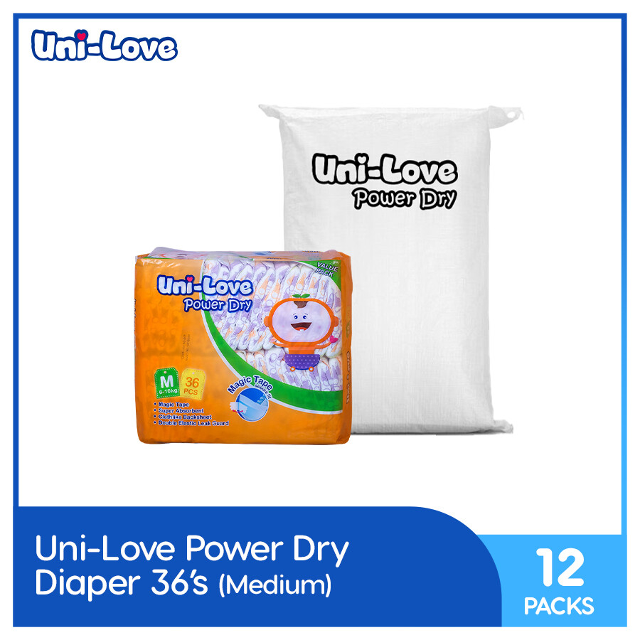 Uni-Love Powerdry Baby Diaper 36's (Medium) - 12 PACKS