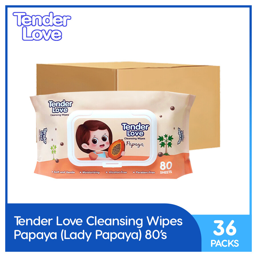 Tender Love New Papaya Scent Cleansing Wipes 80's (Lady Papaya) Pack of 36 (1 Case)