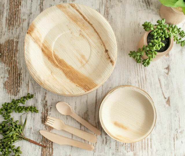 Round Areca Plates &amp; Cutleries Set | Eco-Friendly &amp; Disposable | Party Plates &amp; Cutleries