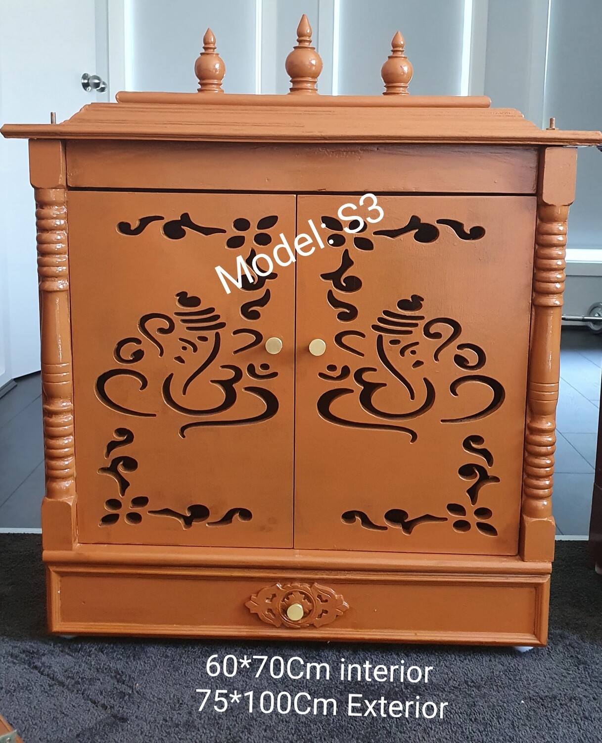 Golden Brown Cupboard with Floral Vinayagar Doors /Almirah/Pooja Mandir